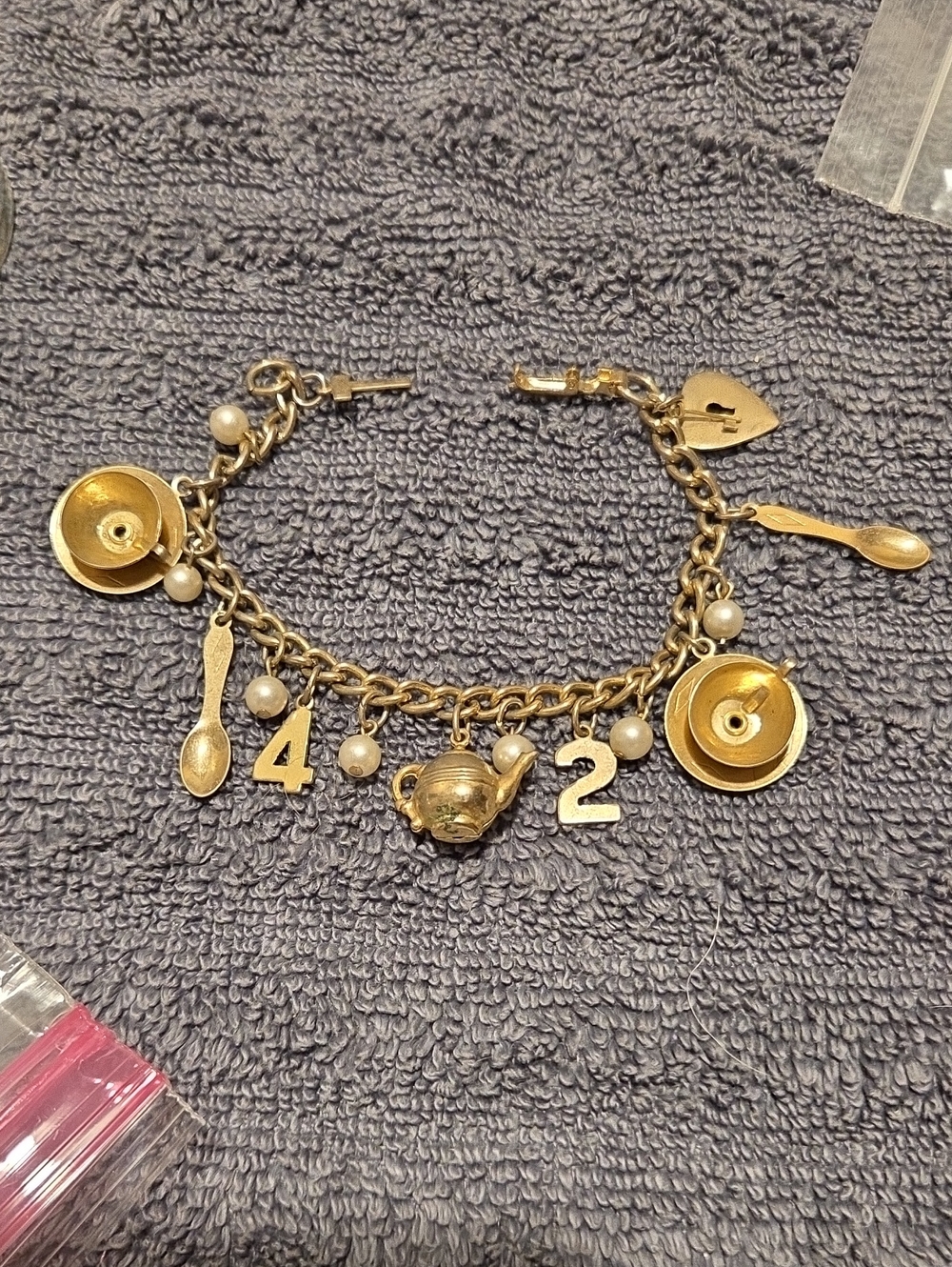 Coro- Gold-Tone Tea Party Charm Bracelet with Pearls - Women Jewelry